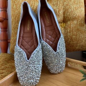 Beaded Embellished Loafer Ballet Flats Ivory Cream Silver Slip On EU 41 US 10